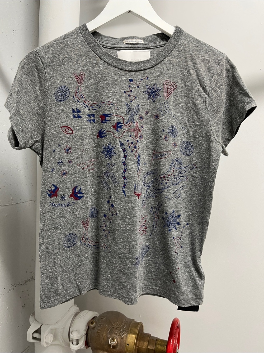 MOTHER Grey Short Sleeve Tee with Blue and Red Doodle Print